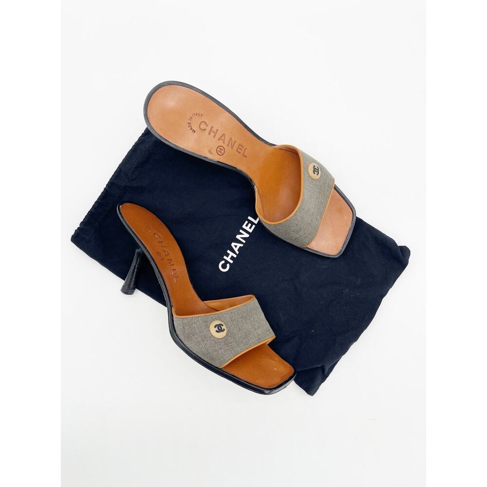 Chanel Vintage y2k Gray Canvas CC Logo Square Toe Mule Sandals Heels EU 37 - Picture 2 of 14